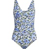 Lands’ End Women’s SlenderSuit Grecian Low Leg One Piece Swimsuit(Floral Blossom/White/Blue)