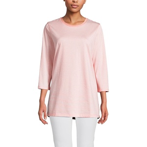 Lands’ End Women’s 3/4 Sleeve Supima Cotton Crewneck Tunic(Sunset Coral Pink Micro Stripe)