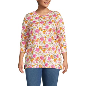 Lands’ End Women’s 3/4 Sleeve Supima Cotton Crewneck Tunic(White Multi Painted Blooms)