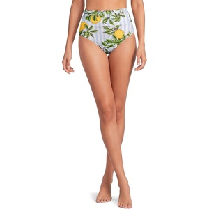 Lands’ End Women’s Chlorine Resistant Pinchless High Waisted Bikini Bottoms(Soft Sky Blue/Citrus Stripe)