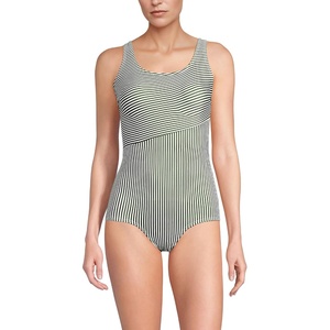 Lands’ End Women’s Chlorine Resistant Soft Cup Tugless Sporty One Piece Swimsuit(Fusion Green Mini Stripe)