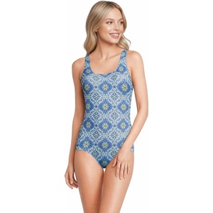 Lands’ End Women’s Chlorine Resistant Soft Cup Tugless Sporty One Piece Swimsuit(Lake Blue/Egret Geo Floral)