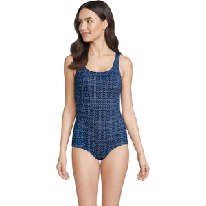 Lands’ End Women’s Chlorine Resistant Soft Cup Tugless Sporty One Piece Swimsuit(Navy Mosaic Mini Tile)
