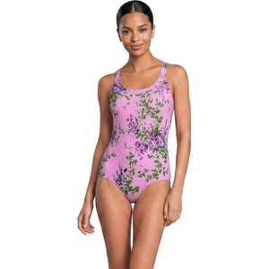 Lands’ End Women’s Chlorine Resistant Soft Cup Tugless Sporty One Piece Swimsuit(Pink/White Blooms)