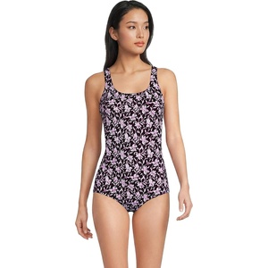Lands’ End Women’s Chlorine Resistant Soft Cup Tugless Sporty One Piece Swimsuit(Tropic Floral Ditsy/Dark Wine)