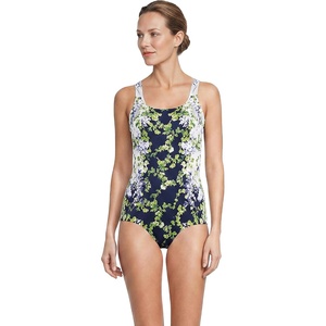 Lands’ End Women’s Chlorine Resistant Soft Cup Tugless Sporty One Piece Swimsuit(White/Navy Blooms)