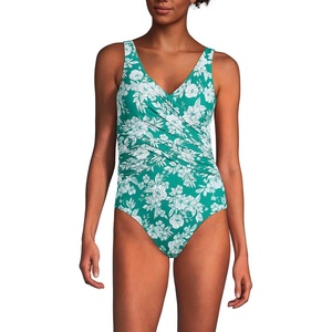 Lands’ End Women’s New SlenderSuit Wrap One Piece Swimsuit(Emerald/White Rumatic Floral)