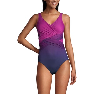 Lands’ End Women’s New SlenderSuit Wrap One Piece Swimsuit(Ombre navy violet)