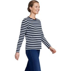 Lands’ End Women’s Relaxed American-Grown Supima Cotton Long Sleeve Crew Neck T-Shirt(Deep Sea/Blue Multi Stripe)