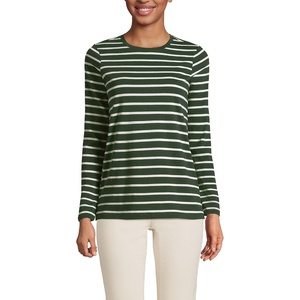 Lands’ End Women’s Relaxed American-Grown Supima Cotton Long Sleeve Crew Neck T-Shirt(Fresh Evergreen Breton Stripe)