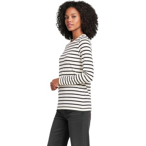 Lands’ End Women’s Relaxed American-Grown Supima Cotton Long Sleeve Crew Neck T-Shirt(Ivory/Black Breton Stripe)