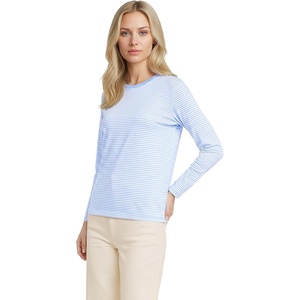 Lands’ End Women’s Relaxed American-Grown Supima Cotton Long Sleeve Crew Neck T-Shirt(Light Sea Blue Micro Stripe)