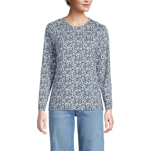 Lands’ End Women’s Relaxed American-Grown Supima Cotton Long Sleeve Crew Neck T-Shirt(Navy/Clear Blue Ditsy Floral)