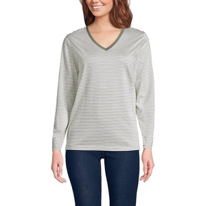Lands’ End Women’s Relaxed American-Grown Supima Cotton Long Sleeve V-Neck T-Shirt(Sage Micro Stripe)