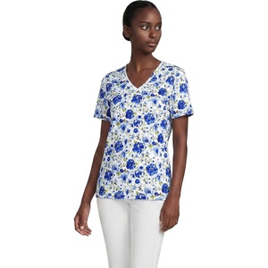 Lands’ End Women’s Relaxed American-Grown Supima Cotton V-Neck T-Shirt(Clear Blue Painted Blooms)