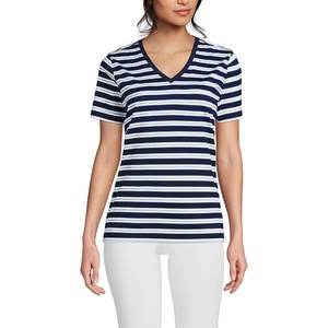 Lands’ End Women’s Relaxed American-Grown Supima Cotton V-Neck T-Shirt(Deep Sea/Blue Multi Stripe)