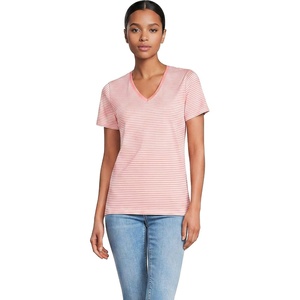 Lands’ End Women’s Relaxed American-Grown Supima Cotton V-Neck T-Shirt(Sunset Coral Pink Micro Stripe)