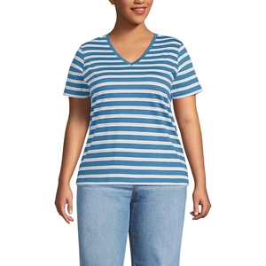 Lands’ End Women’s Relaxed American-Grown Supima Cotton V-Neck T-Shirt(Teal Blue Ocean Multi Stripe)