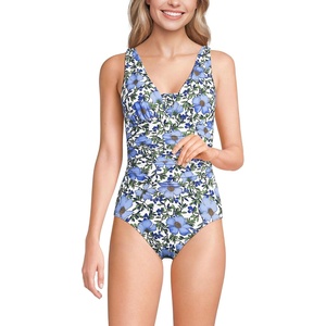 Lands’ End Women’s SlenderSuit Grecian Low Leg One Piece Swimsuit(Floral Blossom/White/Blue)