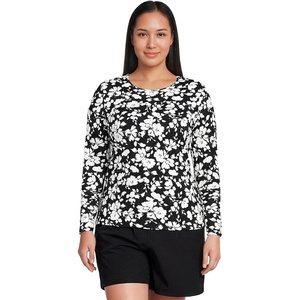 Lands’ End Women’s Sunshade UPF 50 Long Sleeve Rash Guard Swim Tee(Black Blossom Floral)