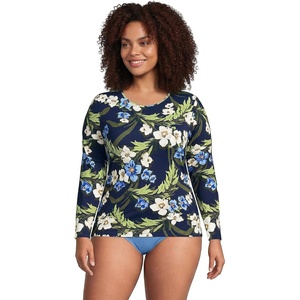 Lands’ End Women’s Sunshade UPF 50 Long Sleeve Rash Guard Swim Tee(Deep Sea/Blue Floral Tropic)