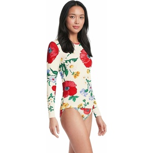 Lands’ End Women’s Sunshade UPF 50 Long Sleeve Rash Guard Swim Tee(Egret/Exploded Poppy Floral)