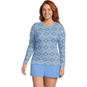 Lands’ End Women’s Sunshade UPF 50 Long Sleeve Rash Guard Swim Tee(Lake Blue/Egret Geo Floral)
