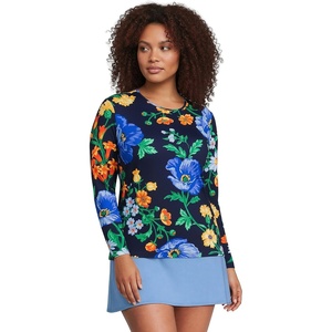 Lands’ End Women’s Sunshade UPF 50 Long Sleeve Rash Guard Swim Tee(Navy/Exploded Poppy Floral)