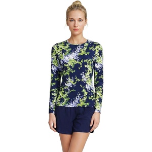 Lands’ End Women’s Sunshade UPF 50 Long Sleeve Rash Guard Swim Tee(Navy/White Blooms)