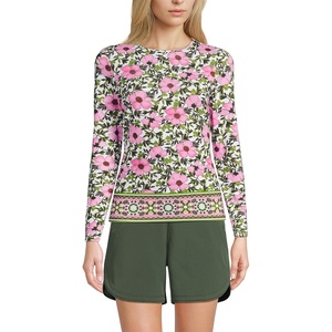 Lands’ End Women’s Sunshade UPF 50 Long Sleeve Rash Guard Swim Tee(Pink/Green Geo Floral Border)