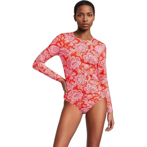 Lands’ End Women’s Sunshade UPF 50 Long Sleeve Rash Guard Swim Tee(Radiant Orange Floral Medley)