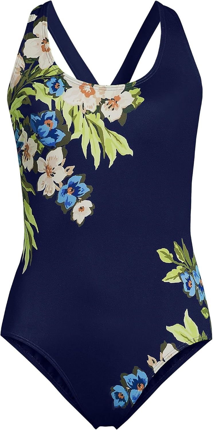 image:imageLands End Womens Chlorine Resistant Scoop Neck XBack High Leg Soft Cup Tugless Sporty One Piece SwimsuitDeep SeaBlue Floral Tropic