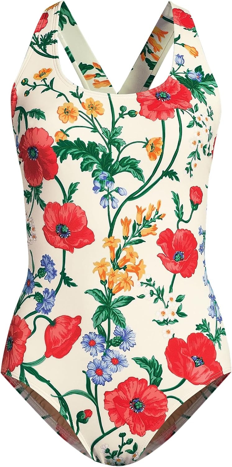 image:imageLands End Womens Chlorine Resistant Scoop Neck XBack High Leg Soft Cup Tugless Sporty One Piece SwimsuitEgretPoppy Floral
