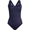 Lands’ End Women’s Chlorine Resistant Scoop Neck X-Back High Leg Soft Cup Tugless Sporty One Piece Swimsuit(Cherry Jam Cherries/Navy)