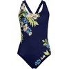 Lands’ End Women’s Chlorine Resistant Scoop Neck X-Back High Leg Soft Cup Tugless Sporty One Piece Swimsuit(Deep Sea/Blue Floral Tropic)