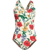 Lands’ End Women’s Chlorine Resistant Scoop Neck X-Back High Leg Soft Cup Tugless Sporty One Piece Swimsuit(Egret/Poppy Floral)