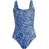 Lands’ End Women’s Chlorine Resistant Scoop Neck X-Back High Leg Soft Cup Tugless Sporty One Piece Swimsuit(Navy/Turquoise Mosaic Dot)