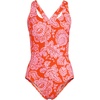 Lands’ End Women’s Chlorine Resistant Scoop Neck X-Back High Leg Soft Cup Tugless Sporty One Piece Swimsuit(Radiant Orange Floral Medley)