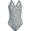 Lands’ End Women’s Chlorine Resistant Scoop Neck X-Back High Leg Soft Cup Tugless Sporty One Piece Swimsuit(White/Lilac Multi Ditsy Floral)