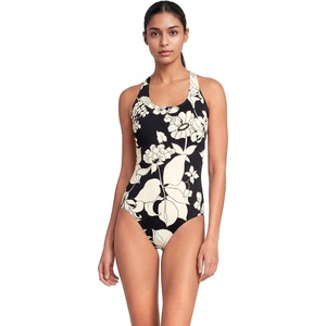 Lands’ End Women’s Chlorine Resistant Scoop Neck X-Back High Leg Soft Cup Tugless Sporty One Piece Swimsuit(Black/Egret Lilies)