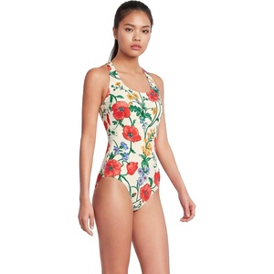 Lands’ End Women’s Chlorine Resistant Scoop Neck X-Back High Leg Soft Cup Tugless Sporty One Piece Swimsuit(Egret/Poppy Floral)