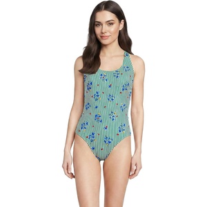 Lands’ End Women’s Chlorine Resistant Scoop Neck X-Back High Leg Soft Cup Tugless Sporty One Piece Swimsuit(Floral/Vibrant Clover Stripe)
