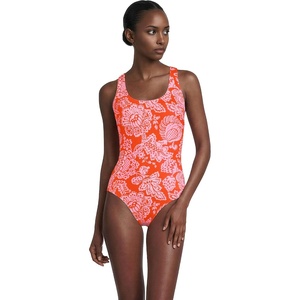 Lands’ End Women’s Chlorine Resistant Scoop Neck X-Back High Leg Soft Cup Tugless Sporty One Piece Swimsuit(Radiant Orange Floral Medley)