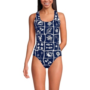 Lands’ End Women’s Chlorine Resistant Scoop Neck X-Back High Leg Soft Cup Tugless Sporty One Piece Swimsuit(Sea Stamp/Navy/White)