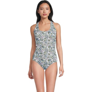 Lands’ End Women’s Chlorine Resistant Scoop Neck X-Back High Leg Soft Cup Tugless Sporty One Piece Swimsuit(White/Lilac Multi Ditsy Floral)