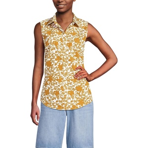 Lands’ End Women’s Sleeveless No Iron Shirt(Vintage Amber Pressed Floral)