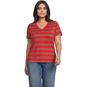 Lands’ End Women’s Relaxed American-Grown Supima Cotton V-Neck T-Shirt(Compass Red/Brown Bold Stripe)