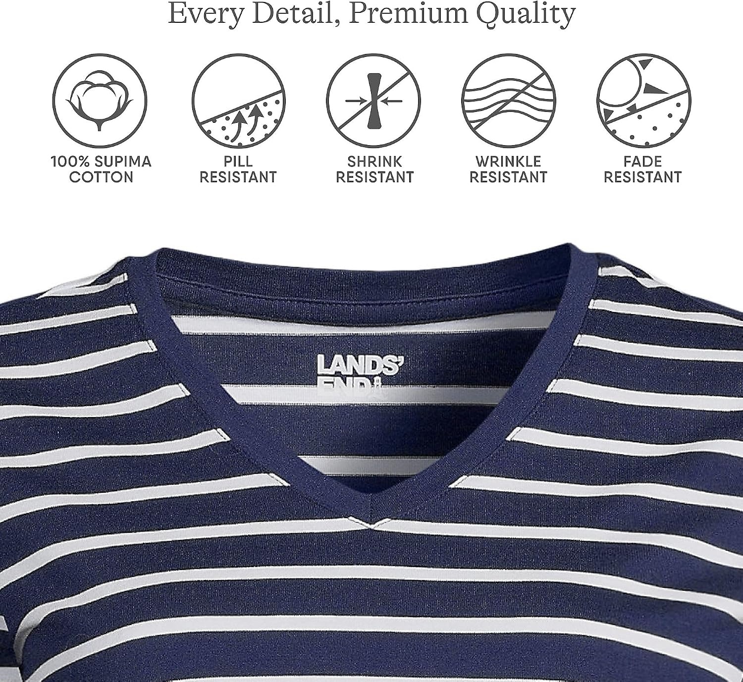image:imageLands End Womens Supima VNeck TShirtDeep Sea Navy Breton Stripe