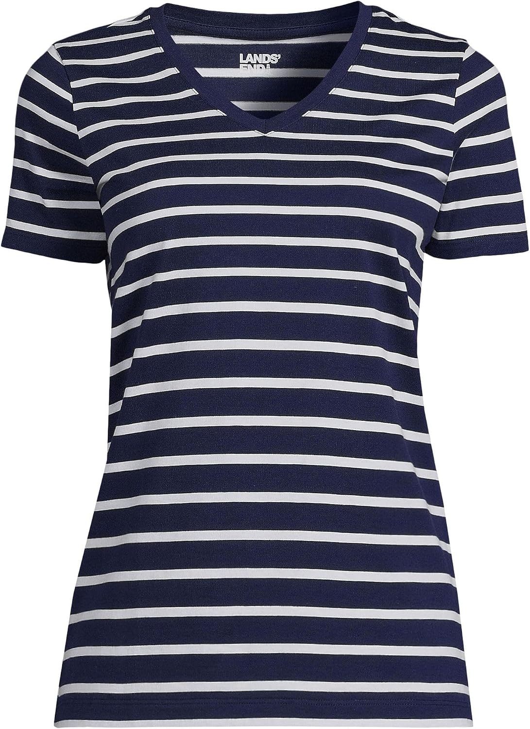 image:imageLands End Womens Supima VNeck TShirtDeep Sea Navy Breton Stripe
