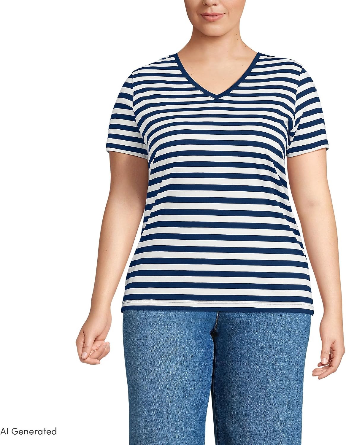 image:imageLands End Womens Supima VNeck TShirtDeep Sea Navy Even Stripe
